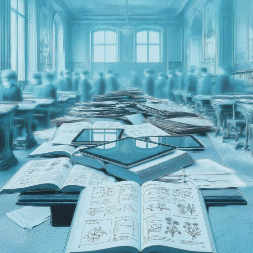 Livres ouverts et tablettes numériques alignés sur une table dans une salle de classe ancienne au filtre bleu.