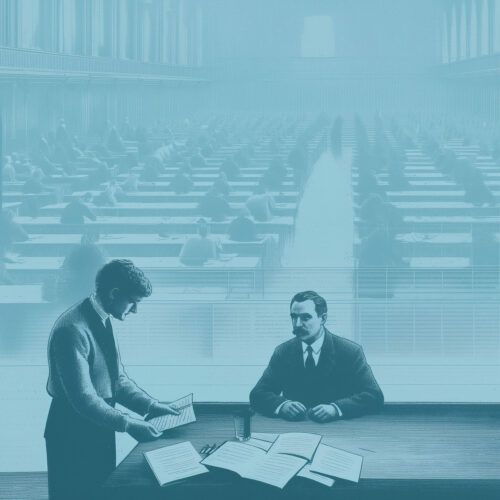 Illustration monochrome bleue représentant deux hommes en costume travaillant sur des documents devant un vaste hémicycle.