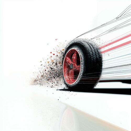 Roue de voiture de sport à jante rouge projetant de la poussière lors d'une forte accélération.