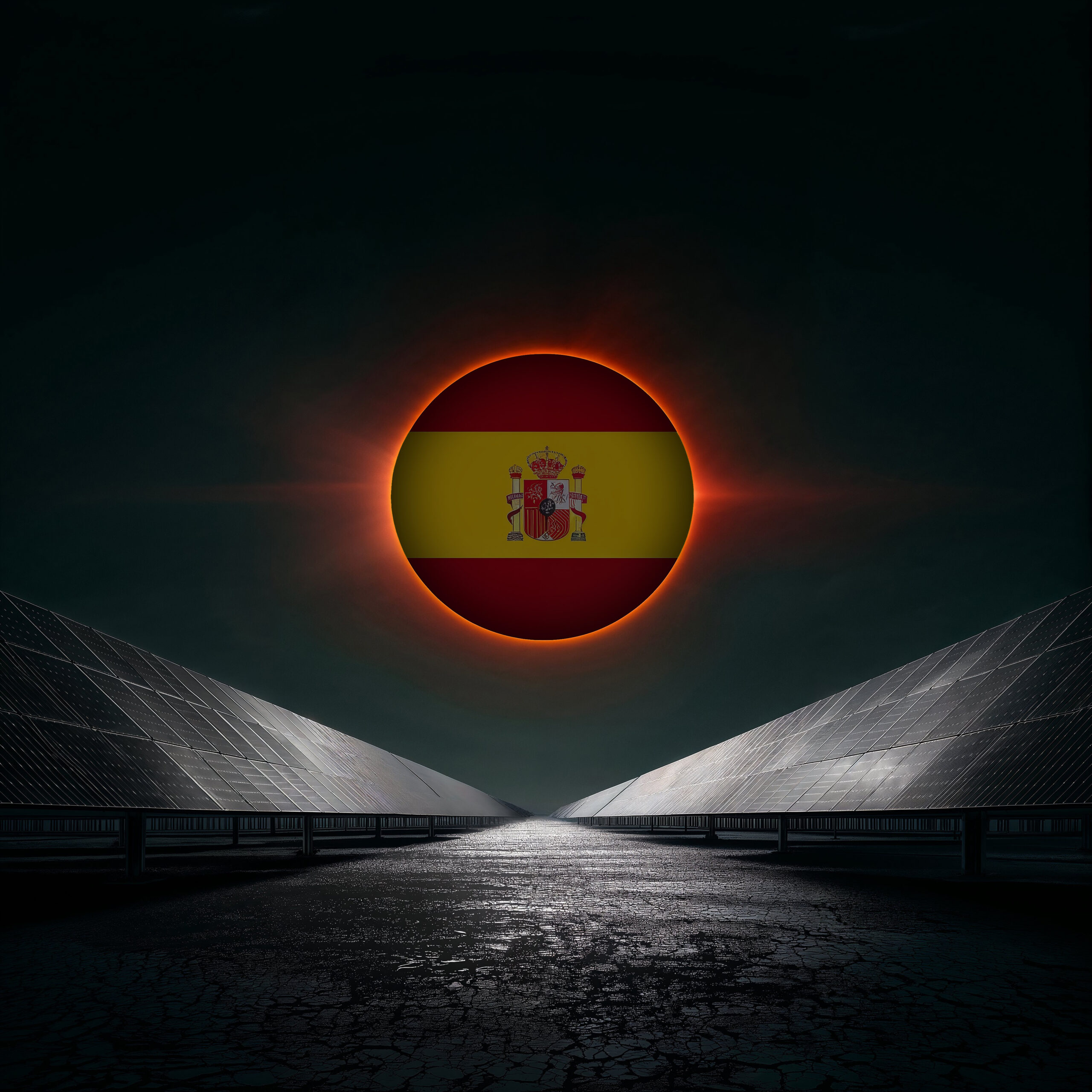 Éclipse solaire rougeoyante avec le drapeau espagnol au centre, survolant une route sombre entourée de structures géométriques.