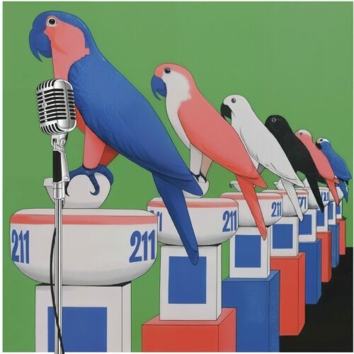Rangée de perroquets multicolores perchés sur des socles numérotés devant un microphone rétro sur fond vert.