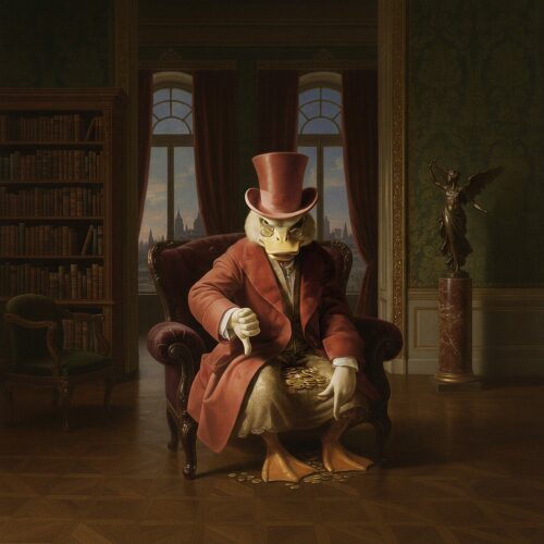 Un canard anthropomorphe en redingote et haut-de-forme assis dans un fauteuil en velours au milieu d'un bureau classique.