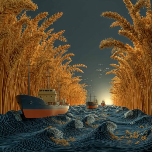 Des navires de marchandise naviguent sur une mer agitée bordée d'immenses épis de blé dorés sous un ciel sombre.