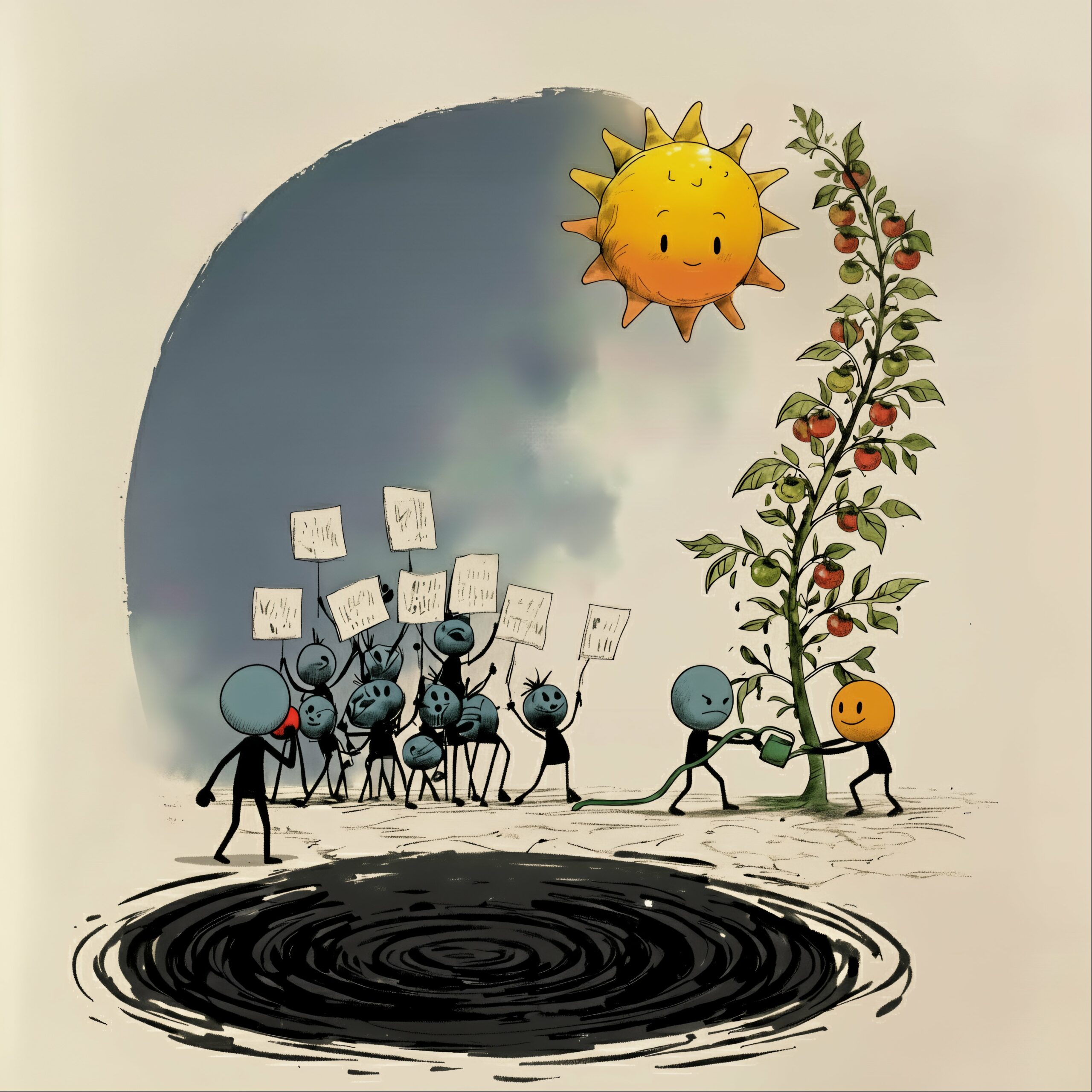 Illustration poétique de petits personnages manifestant à gauche et arrosant une plante sous un soleil radieux à droite.