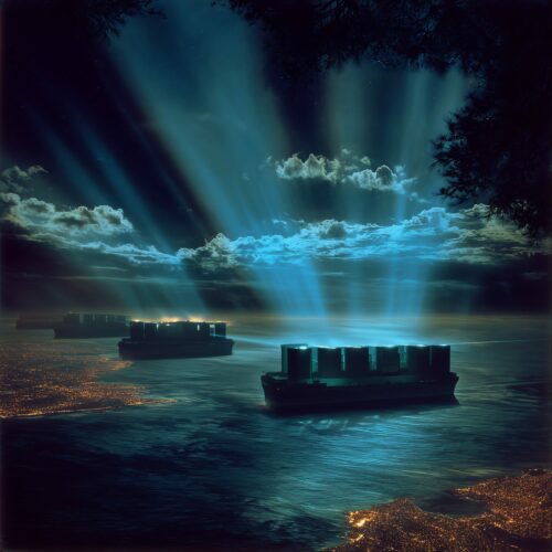 Des navires sur une mer nocturne projetant de puissants faisceaux de lumière bleue vers le ciel nuageux.