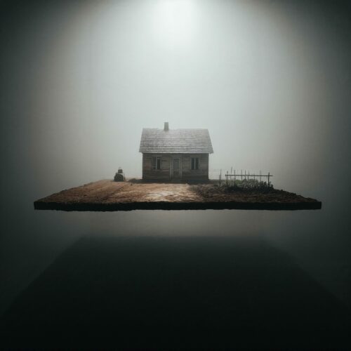Une petite maison en bois isolée sur une parcelle de terre flottante sous une lumière zénithale mystérieuse.