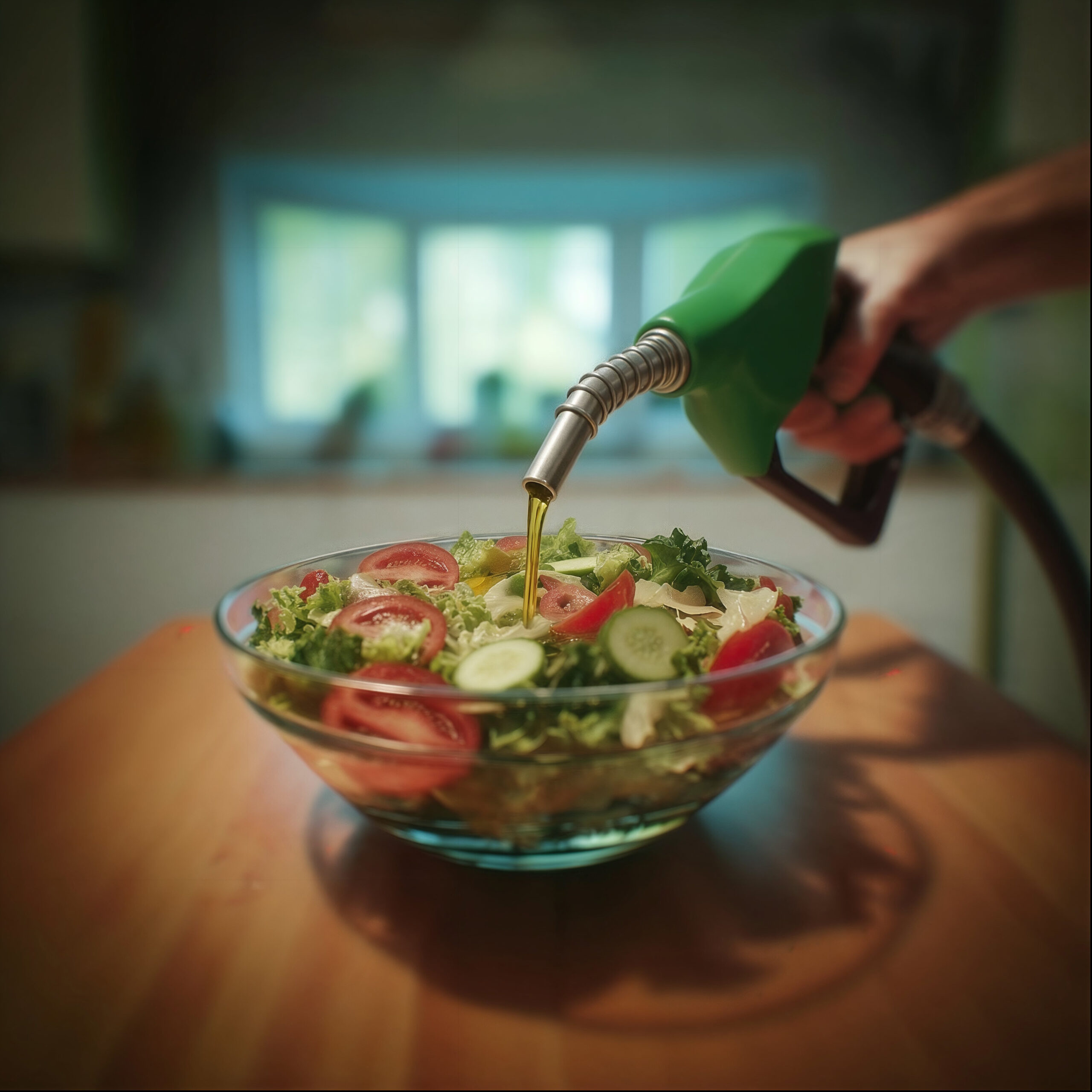 Un pistolet de pompe à essence vert versant du liquide sur une salade composée dans un bol en verre.