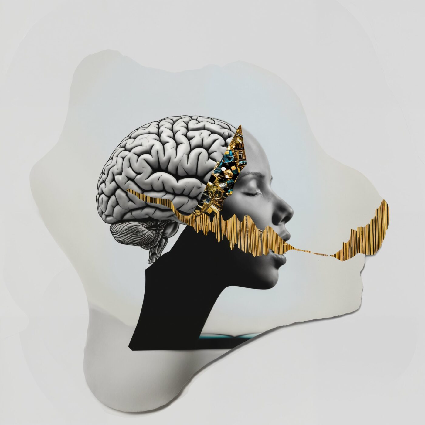 Illustration surréaliste d'un profil humain révélant un cerveau et des ondes sonores dorées.