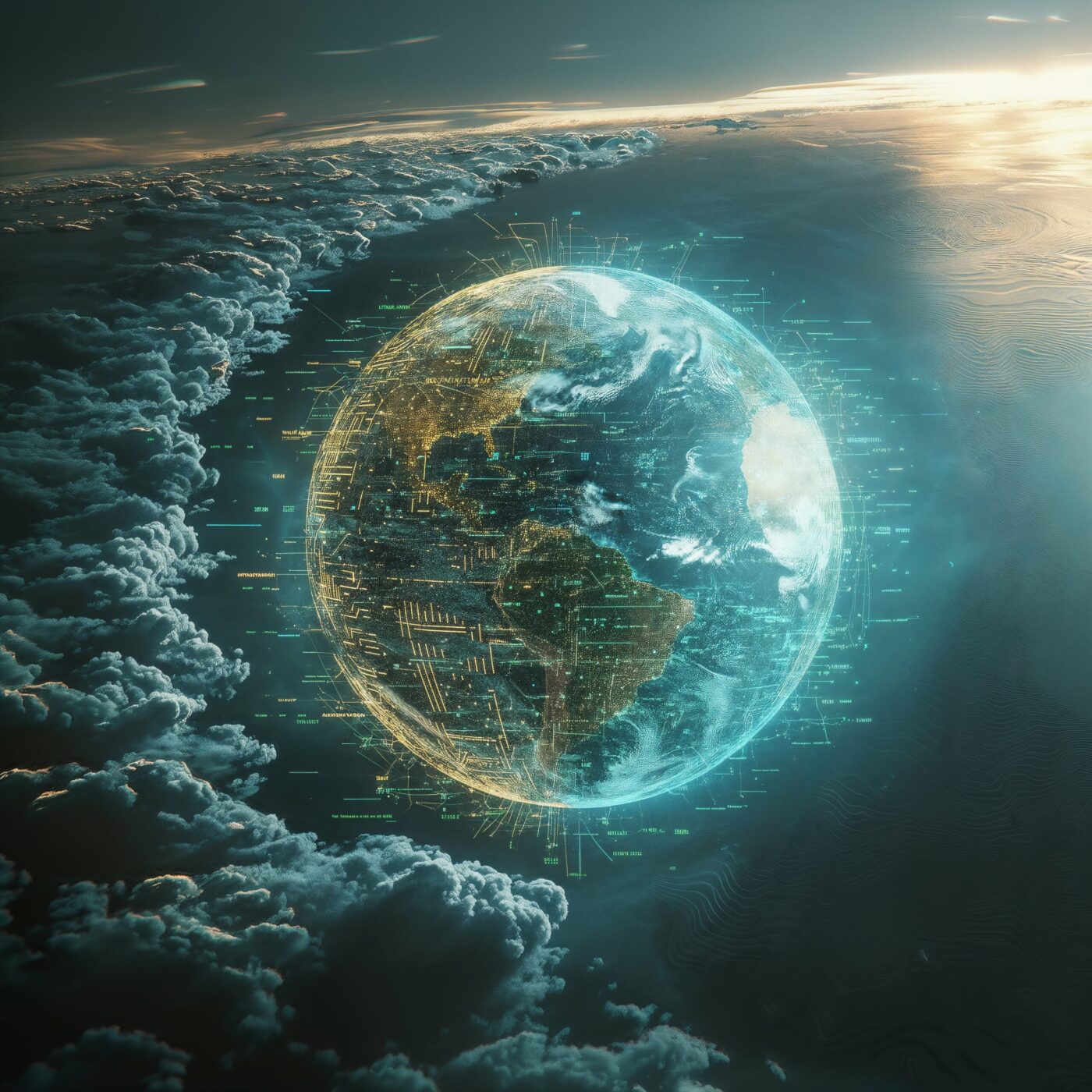 Vue depuis l'espace de la planète Terre entourée d'un réseau numérique lumineux et de nuages.