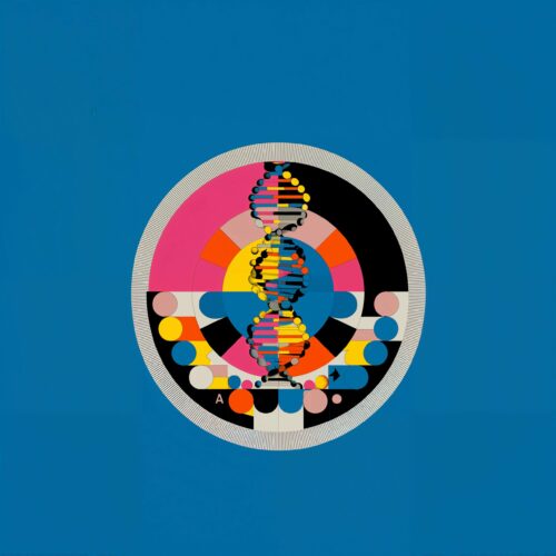 Emblème circulaire abstrait et coloré intégrant une hélice d'ADN sur fond bleu.