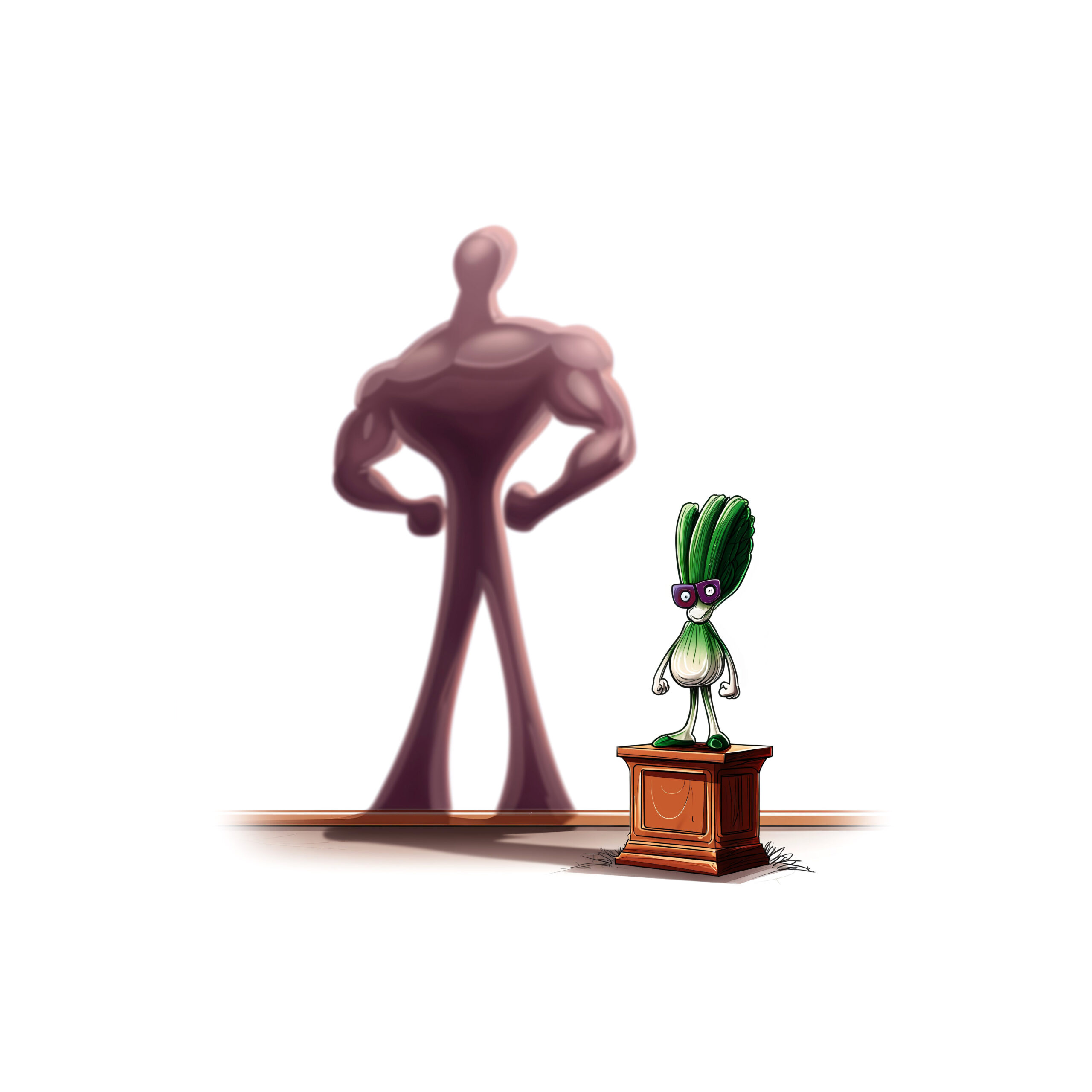 Illustration d'un petit personnage vert sur un socle projetant l'ombre d'une silhouette musclée.