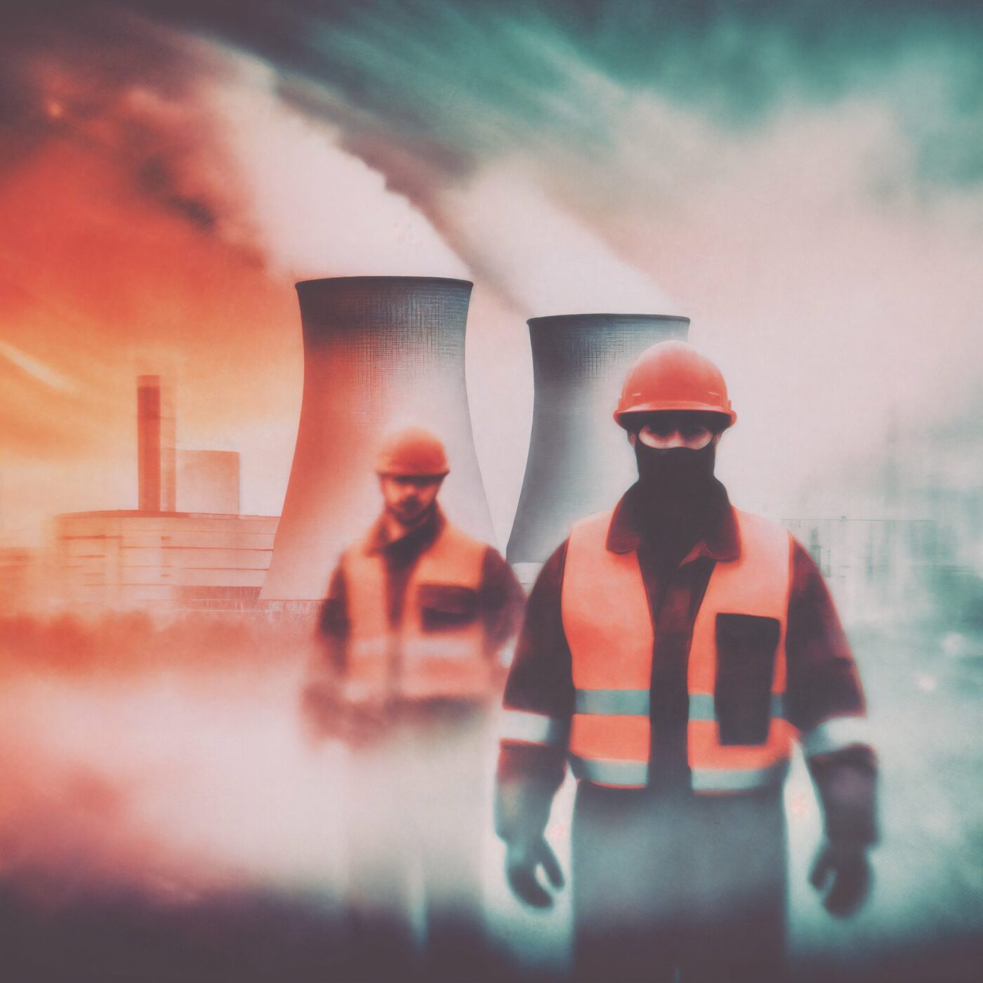 Deux travailleurs en tenue de sécurité devant les tours de refroidissement d'une centrale industrielle dans une ambiance brumeuse.