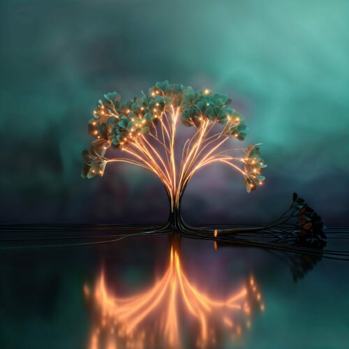 Un arbre majestueux aux branches lumineuses orange se reflète dans une eau calme sous un ciel turquoise.