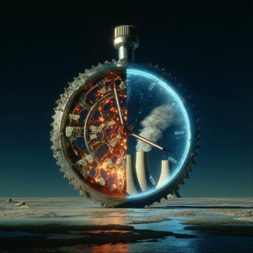 Horloge conceptuelle divisée représentant le réchauffement climatique et la pollution industrielle.