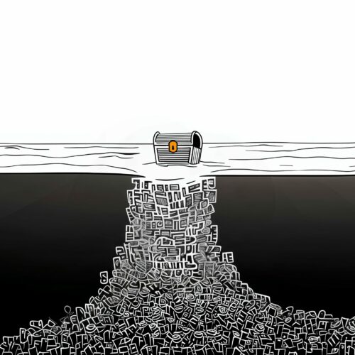 Illustration d'un coffre au trésor en surface soutenu par une immense montagne cachée sous l'eau.
