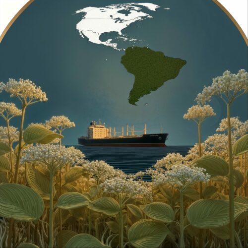 Illustration d'un cargo naviguant sur l'océan sous les silhouettes des Amériques encadré par des fleurs sauvages.