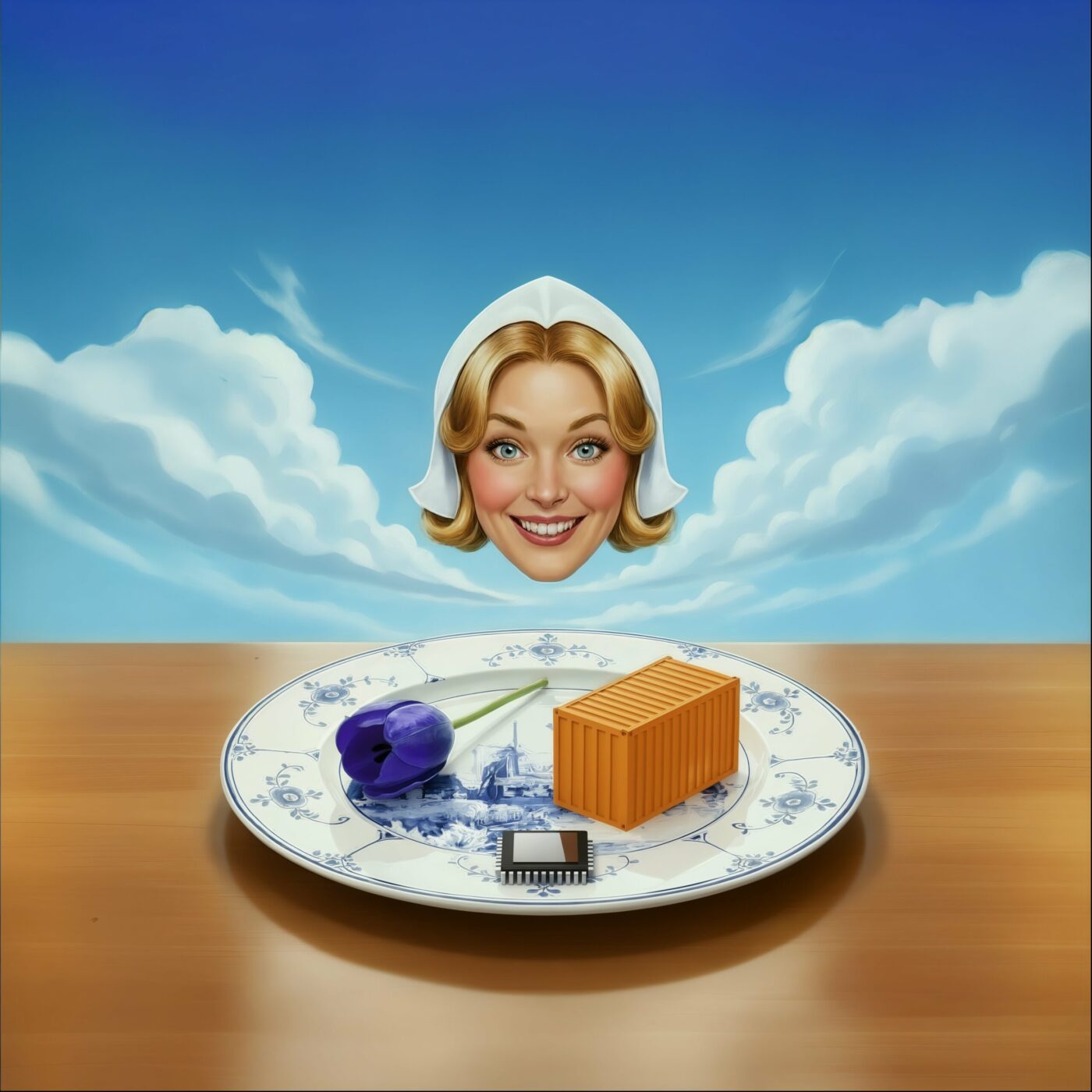 Visage flottant d'une femme souriante au-dessus d'une assiette avec une tulipe violette et une brique orange sous un ciel bleu.