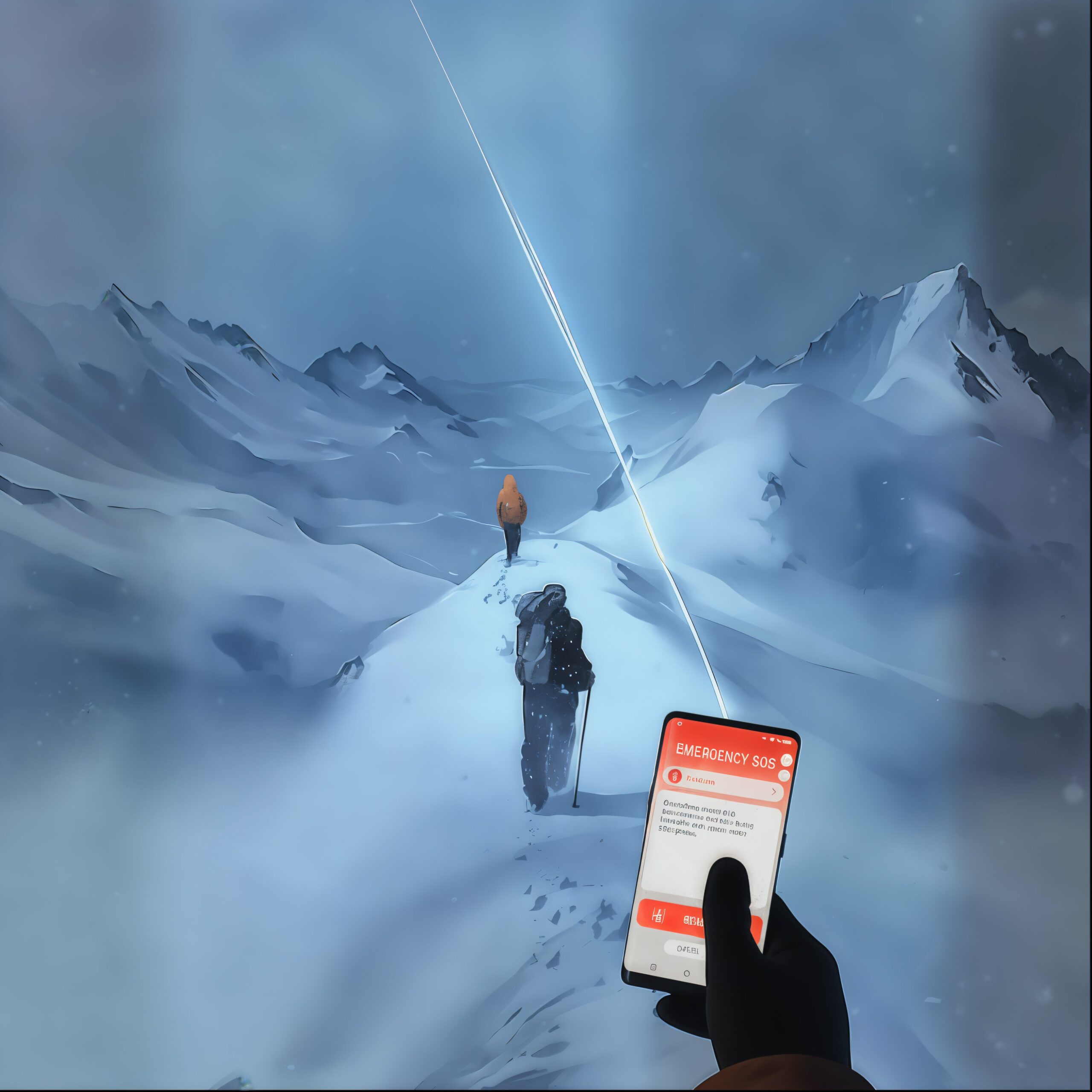 Un randonneur utilise son smartphone devant un paysage de montagnes enneigées où marchent des alpinistes.