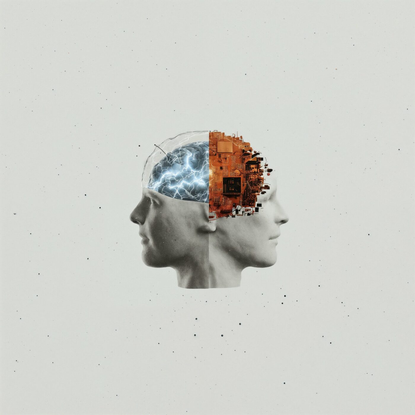 Montage conceptuel représentant deux profils de têtes humaines fusionnés, l'un dévoilant un cerveau biologique et l'autre des circuits électroniques.