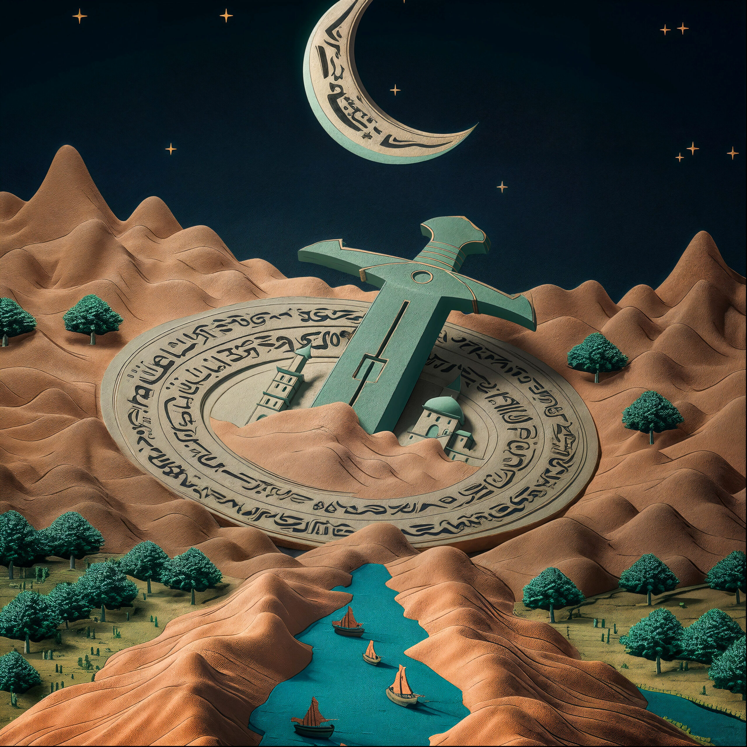 Monument géant en forme de clé planté dans un disque gravé au milieu d'un paysage désertique sous la lune.