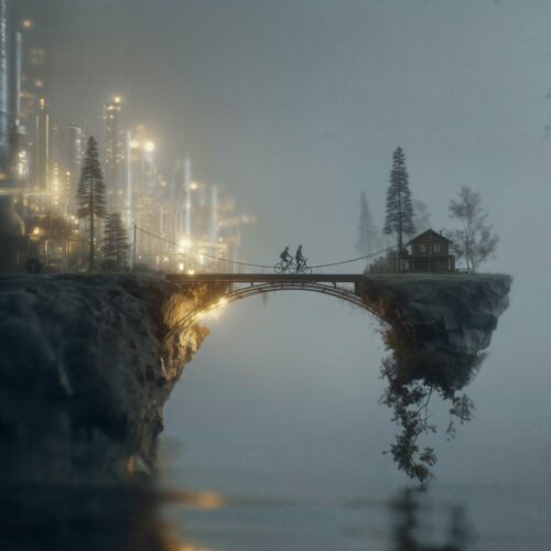 Deux silhouettes traversent un pont arqué reliant une falaise éclairée à une île flottante brumeuse.
