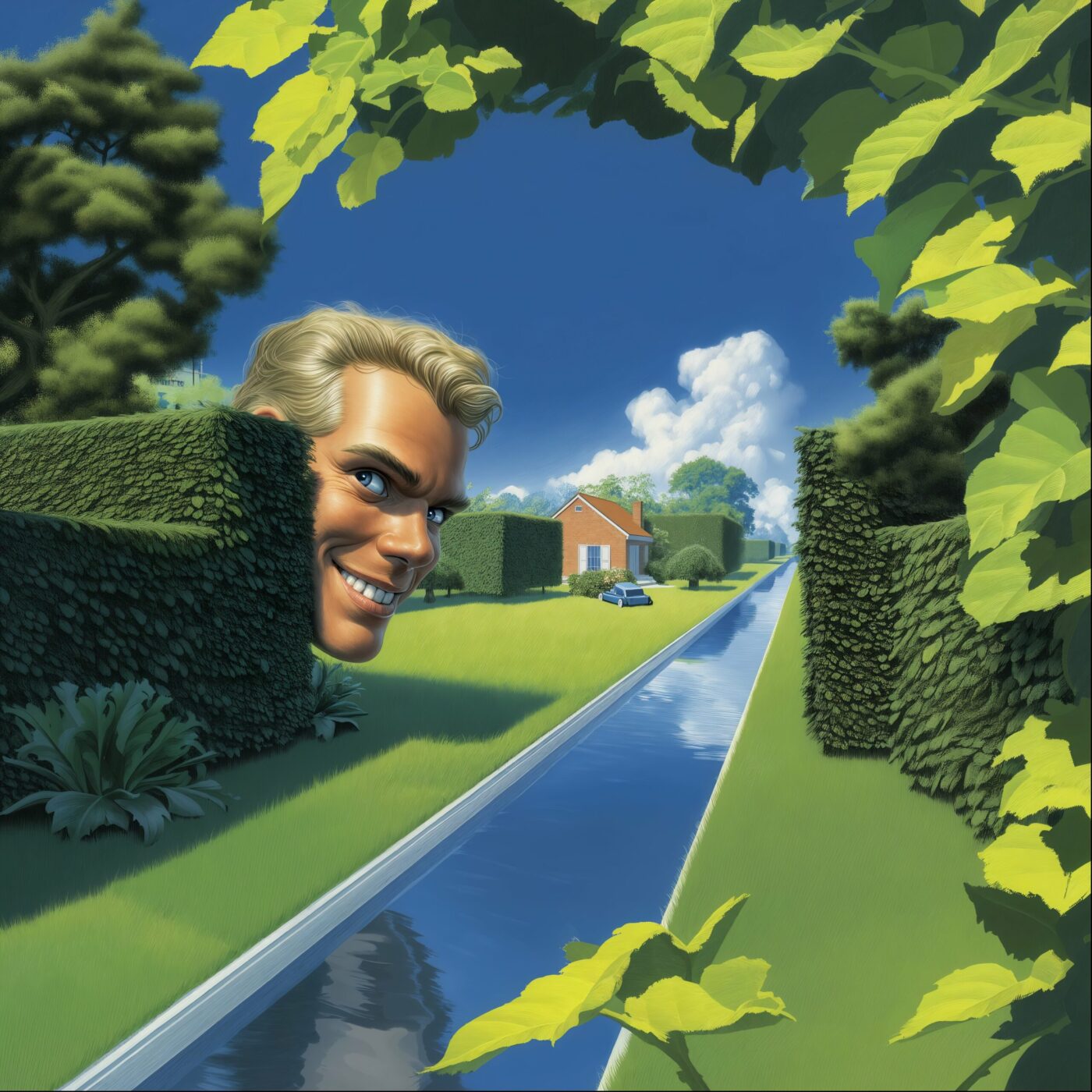 Un homme blond au sourire mystérieux observant à travers des haies le long d'un canal menant à une maison.
