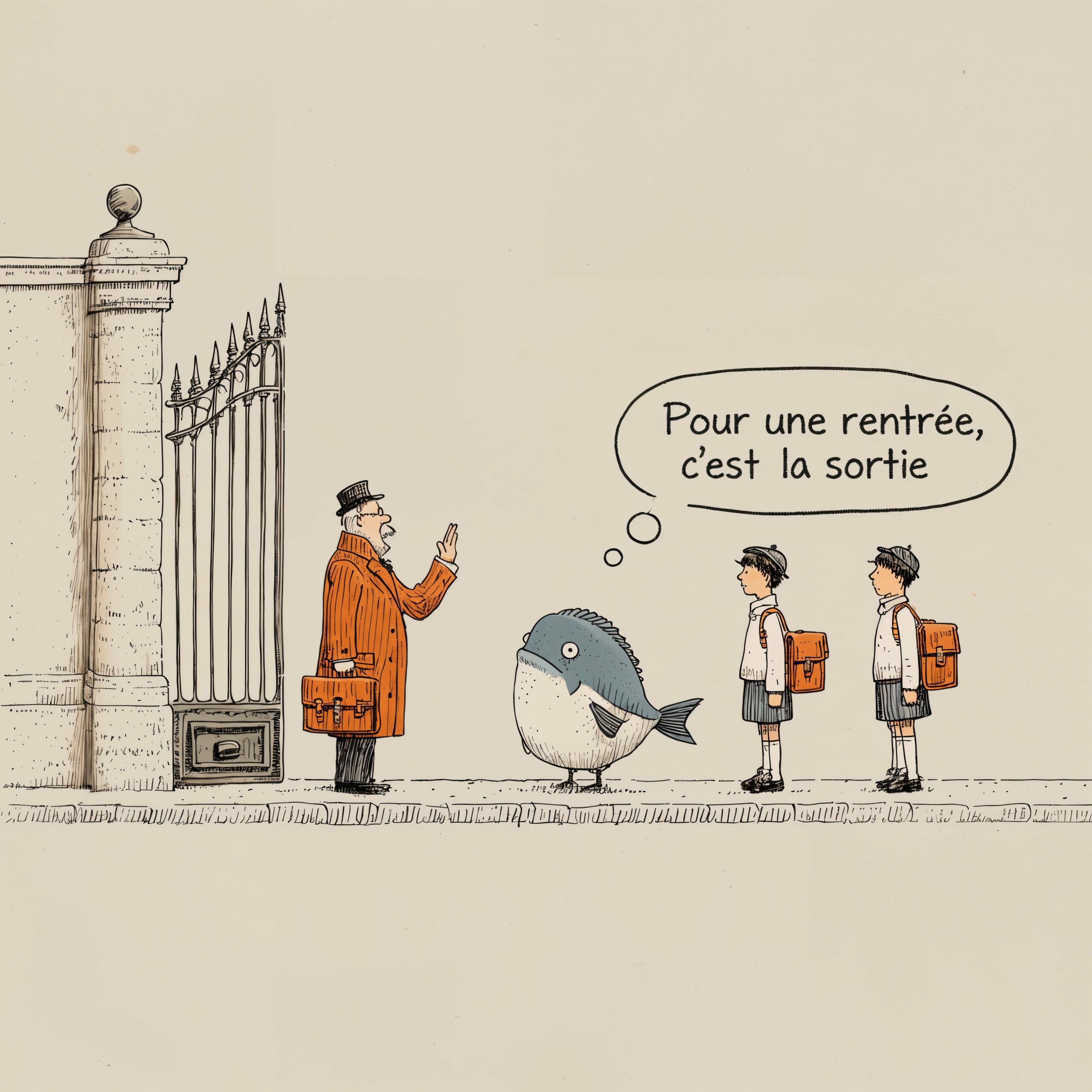 Illustration humoristique d'un petit oiseau pensif devant deux écoliers et un adulte près d'une grille d'école.