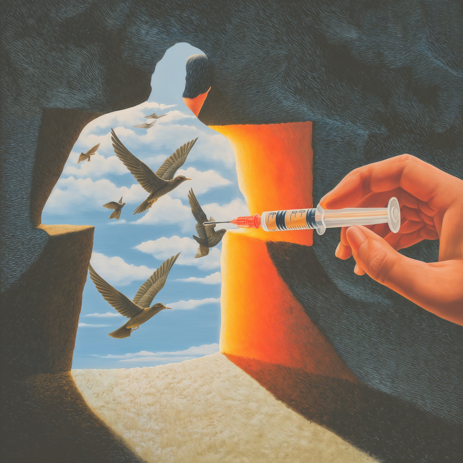Illustration surréaliste d'une silhouette contenant un ciel rempli d'oiseaux franchissant une porte lumineuse tandis qu'une main y plante une seringue.