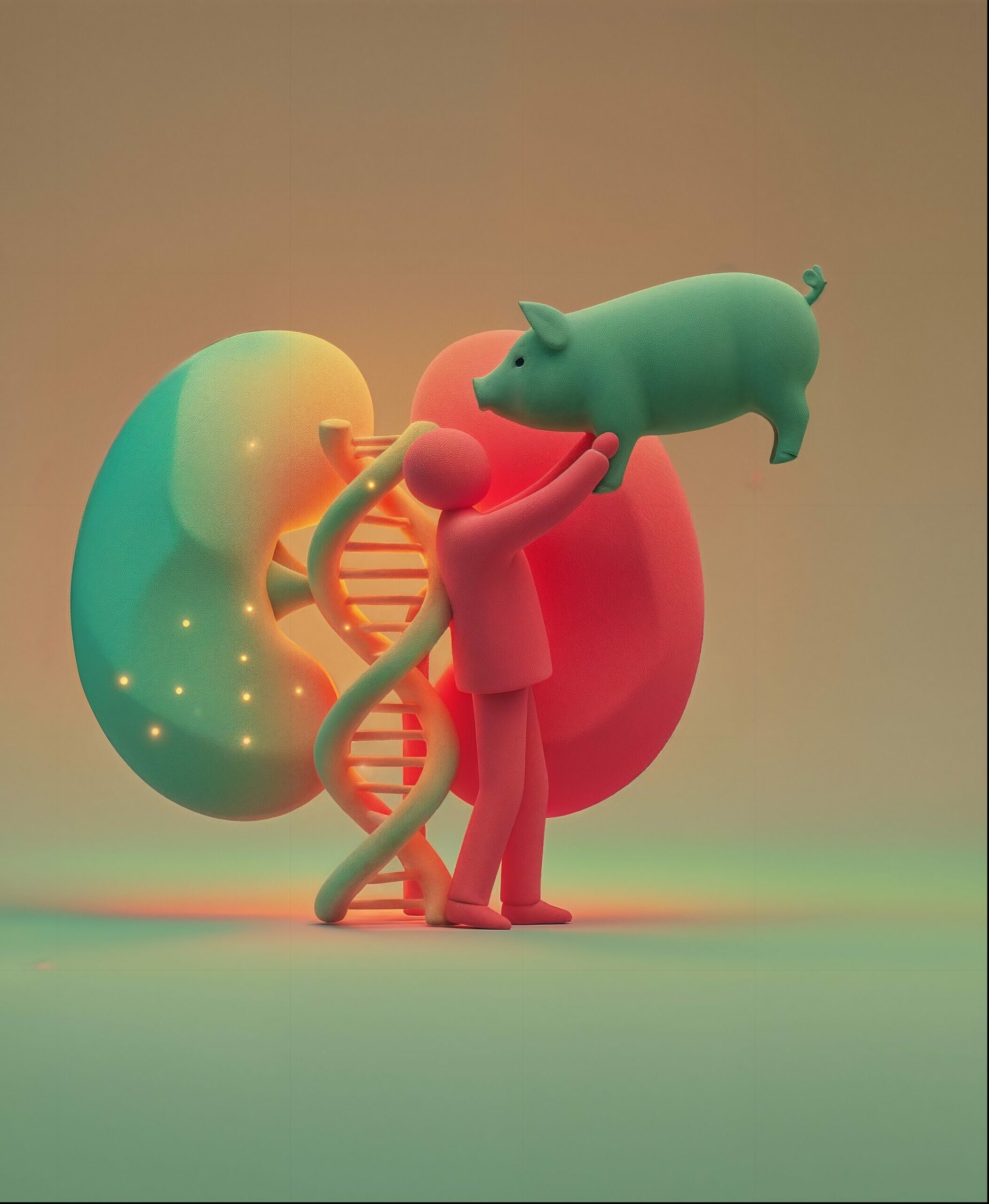 Illustration 3D stylisée d'un personnage rose soulevant un cochon vert devant une double hélice d'ADN et des reins.