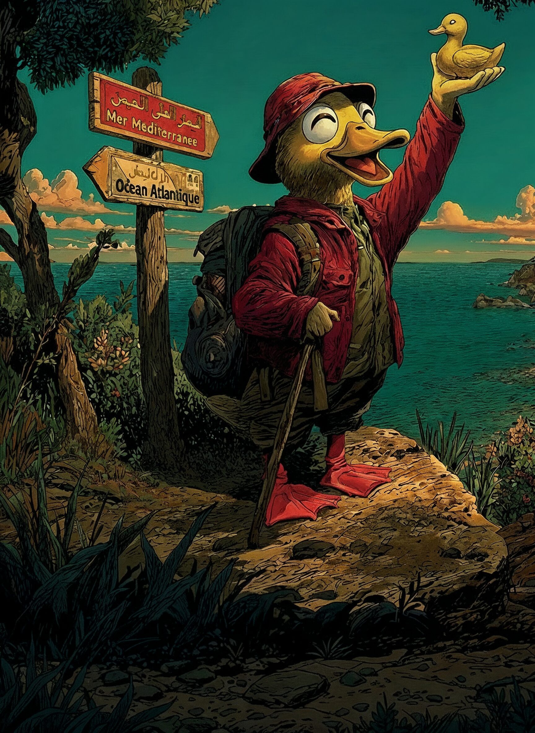 Illustration d'un canard randonneur joyeux avec un sac à dos et un bâton, saluant au sommet d'une falaise près d'un panneau indicateur.