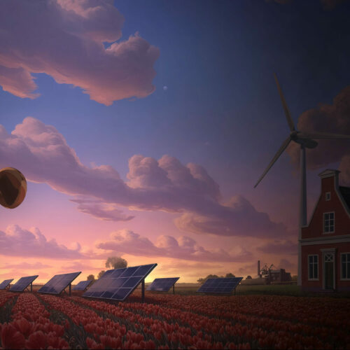 Champ de tulipes rouges au coucher du soleil avec des panneaux solaires, une éolienne et une maison traditionnelle.