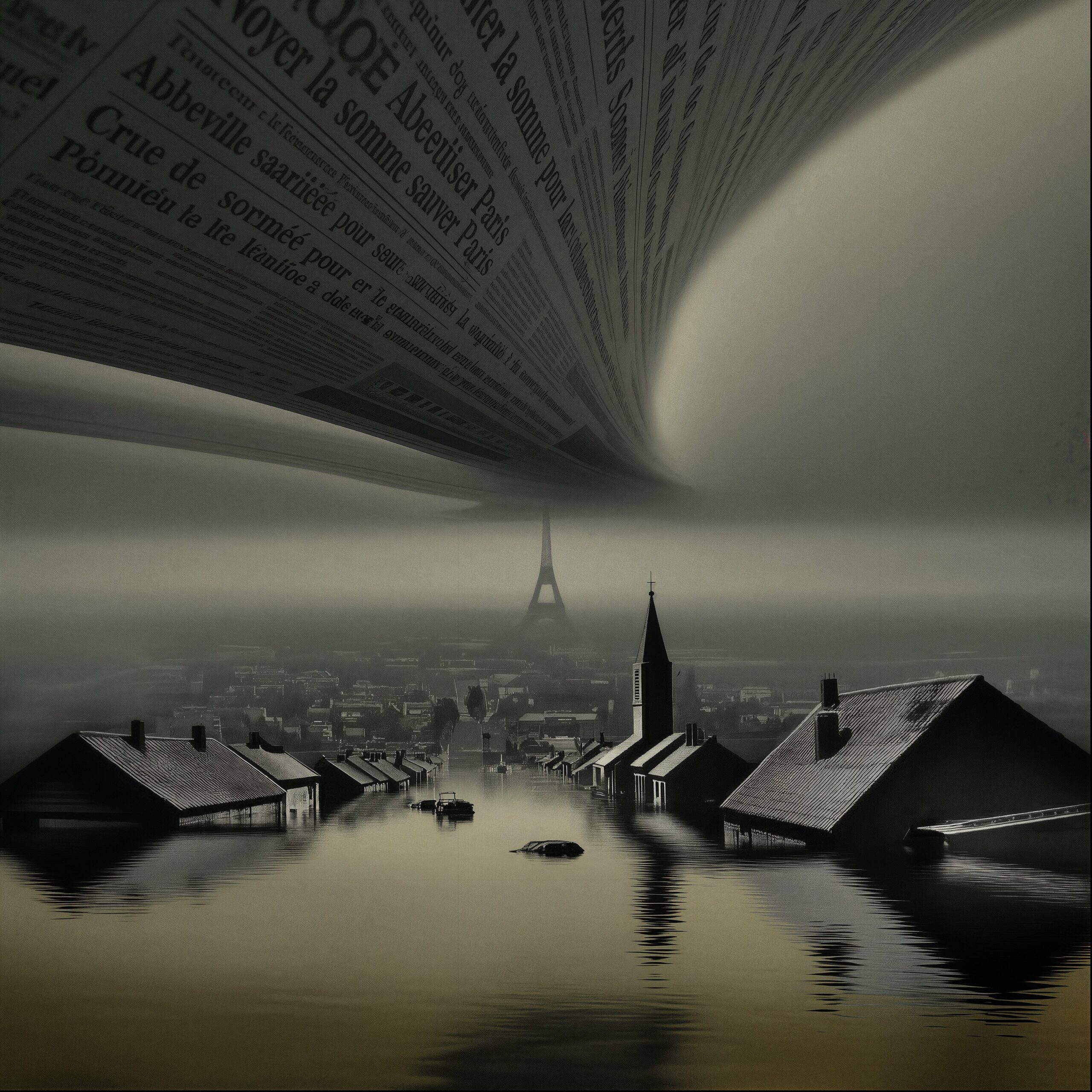 Illustration surréaliste de Paris sous une immense vague formée par les pages ouvertes d'un livre.