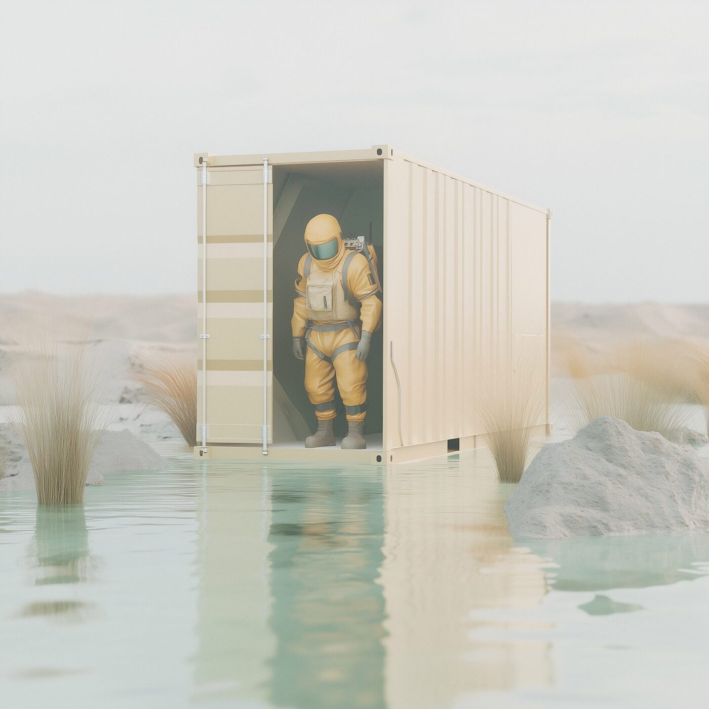 Personne en combinaison de protection debout à l'intérieur d'un conteneur métallique au milieu d'une étendue d'eau.