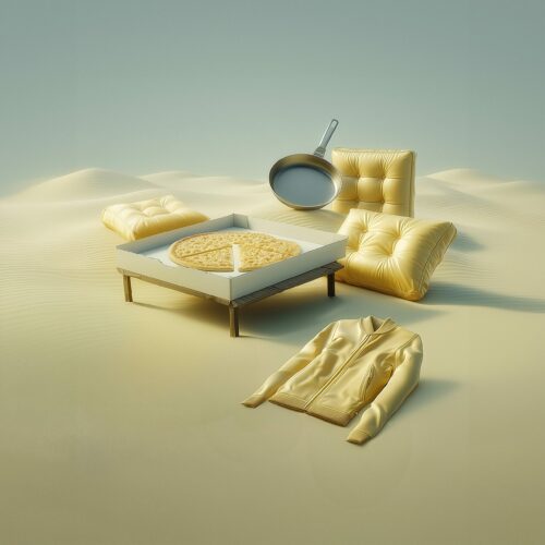 Composition surréaliste dans le sable avec un lit miniature, des coussins, une veste et une poêle à frire.