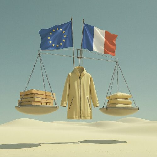 Balance surmontée des drapeaux européen et français dans un paysage désertique