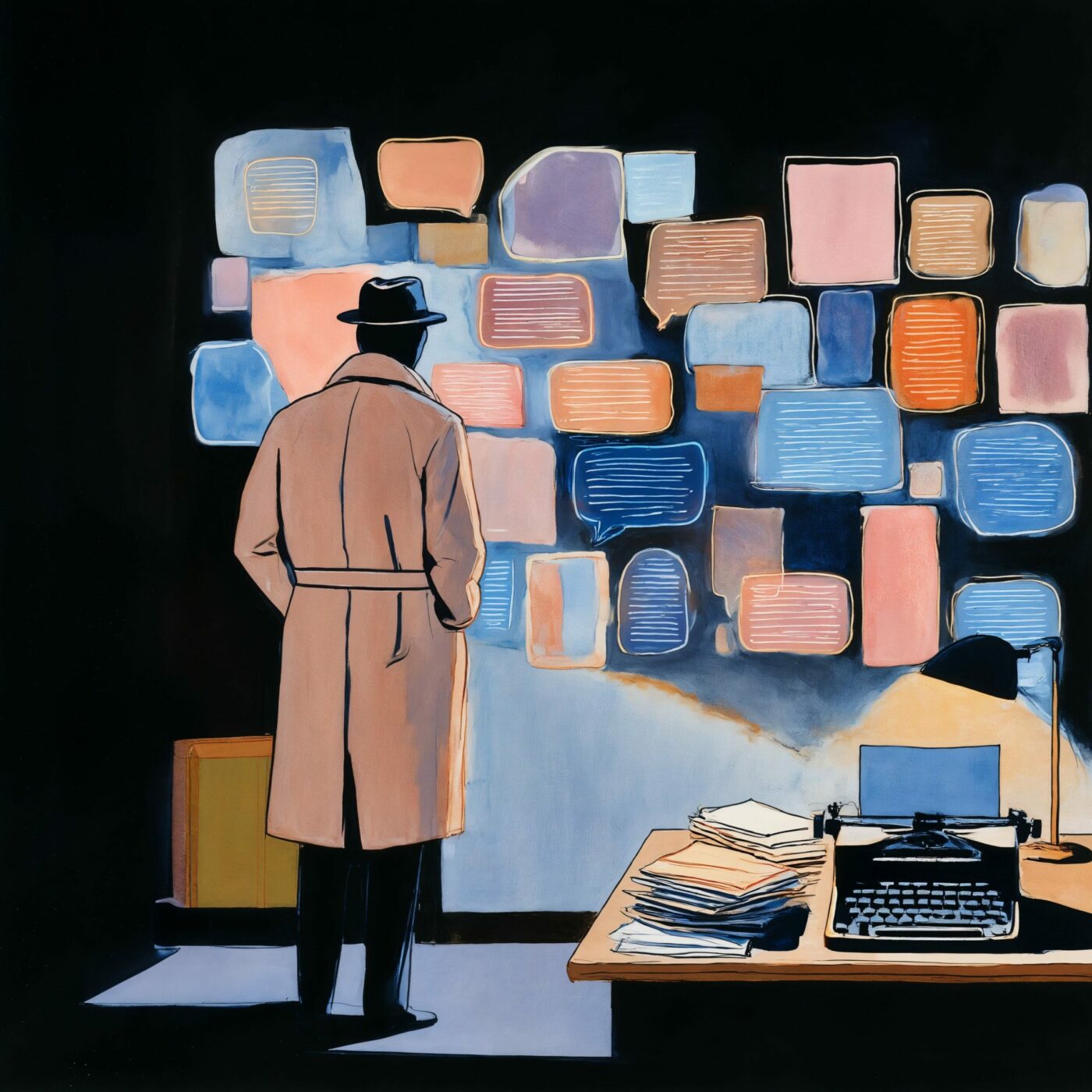 Un homme en imperméable et chapeau observant un mur recouvert de notes colorées dans une pièce sombre.