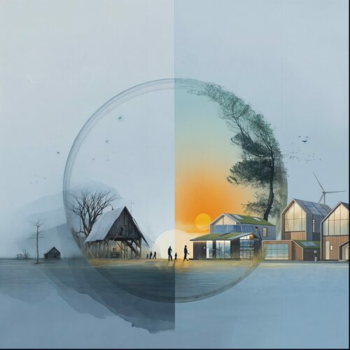 Illustration conceptuelle d'un globe divisant un paysage entre un hiver sombre et un coucher de soleil chaleureux.