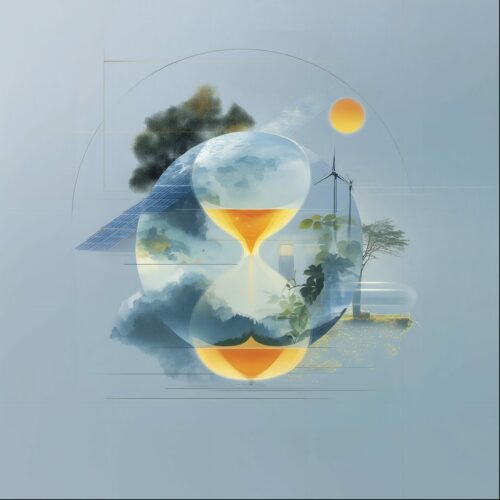 Composition conceptuelle d'un sablier entouré d'éléments de la terre, de panneaux solaires et d'éoliennes.