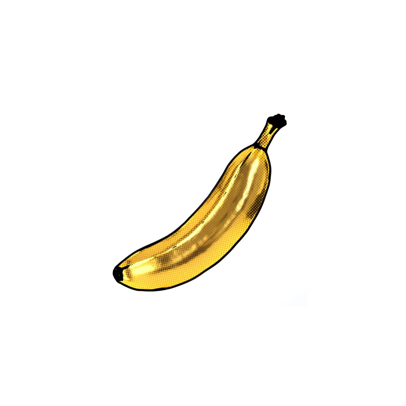 Une banane dorée brillante au fini métallique sur fond blanc.