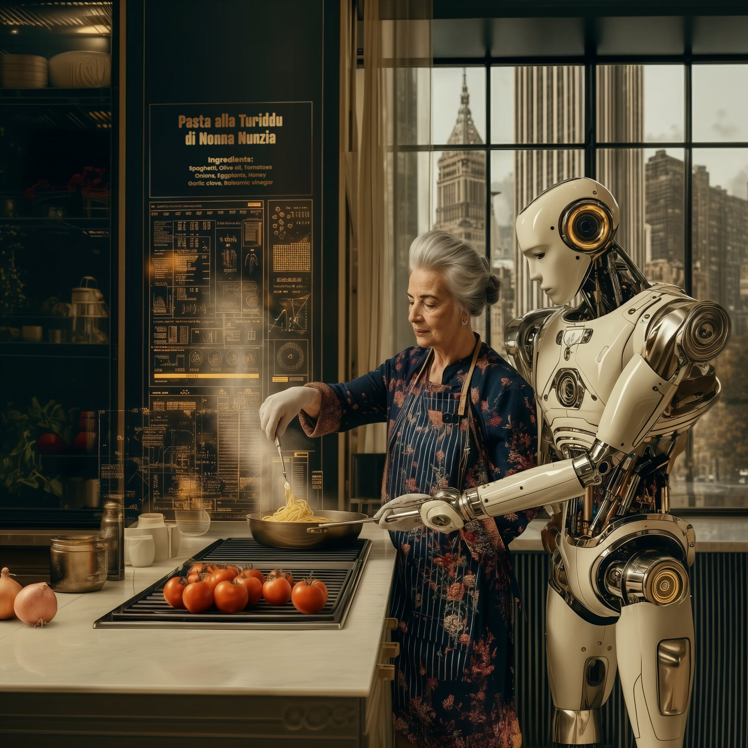 Une femme âgée prépare à manger dans une cuisine moderne assistée par un robot humanoïde blanc.