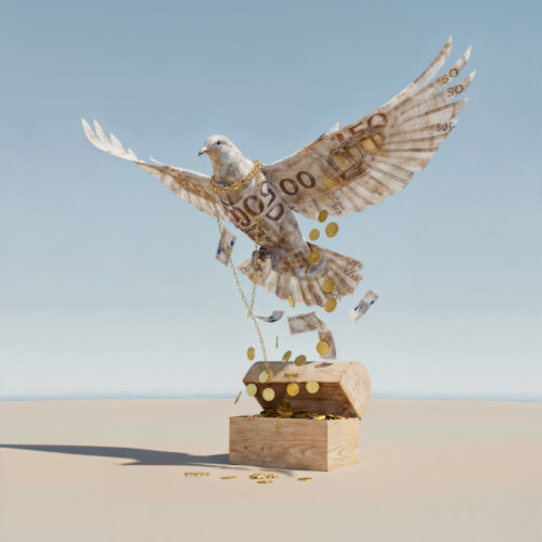 Oiseau composé de billets de banque s'envolant d'un coffre au trésor ouvert.