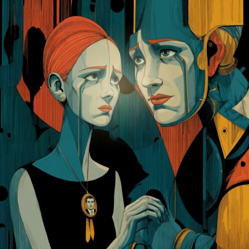 Céleste, une femme rousse aux yeux remplis de larmes, se tient aux côtés d'une figure triste dans une illustration mélancolique.