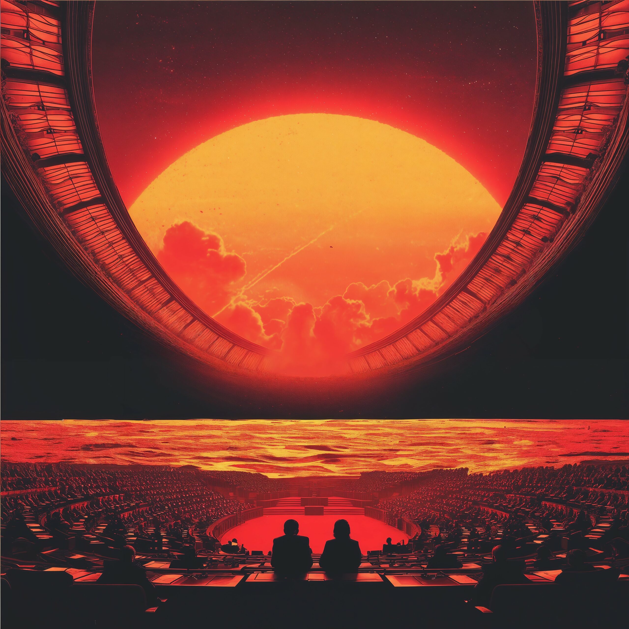 Deux silhouettes sombres observent un immense soleil rougeoyant au-dessus d'un paysage futuriste.