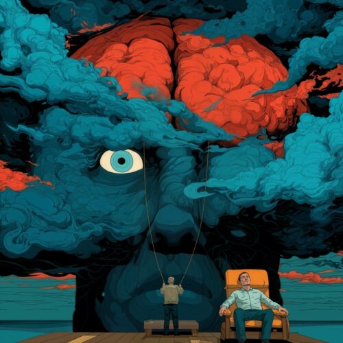 Illustration surréaliste d'un homme assis au bord de l'eau dominé par des nuages formant un visage géant et un cerveau rougeoyant.