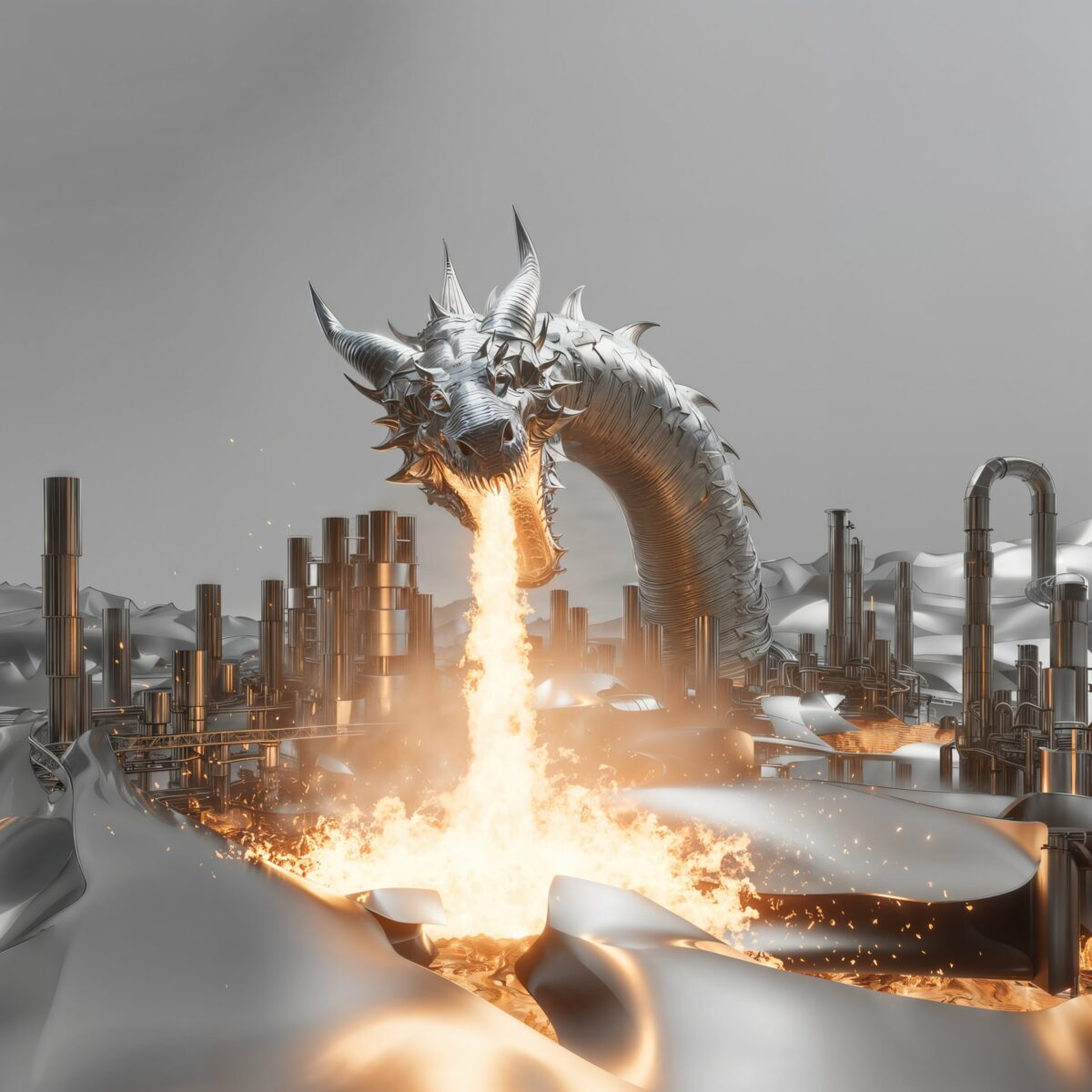 Dragon argenté crachant du feu Un dragon argenté crache une puissante jetée de feu sur des ruines antiques.
