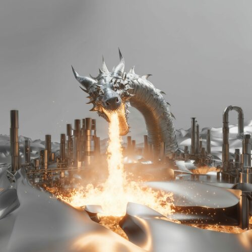 Un dragon argenté crache une puissante jetée de feu sur des ruines antiques.