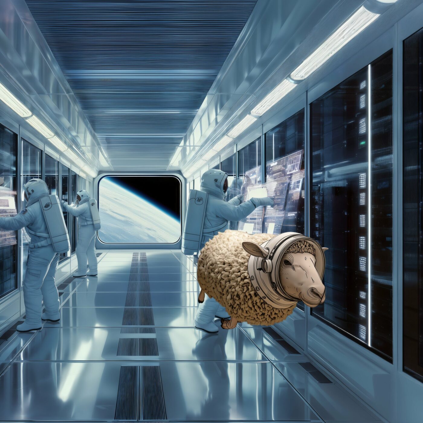 Un mouton avec un casque d'astronaute flotte dans le couloir d'une station spatiale.
