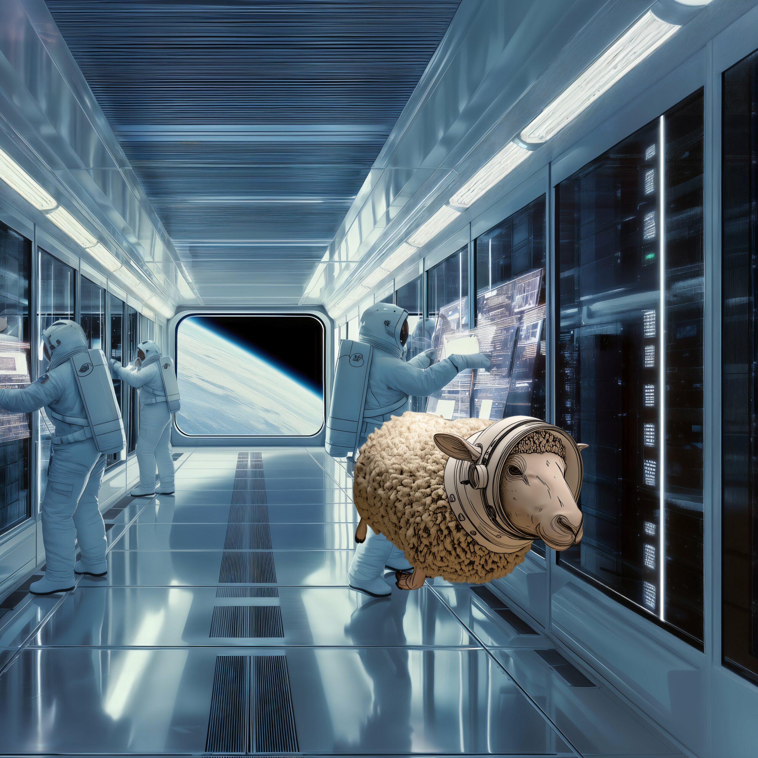 Un mouton avec un casque d'astronaute flotte dans le couloir d'une station spatiale.