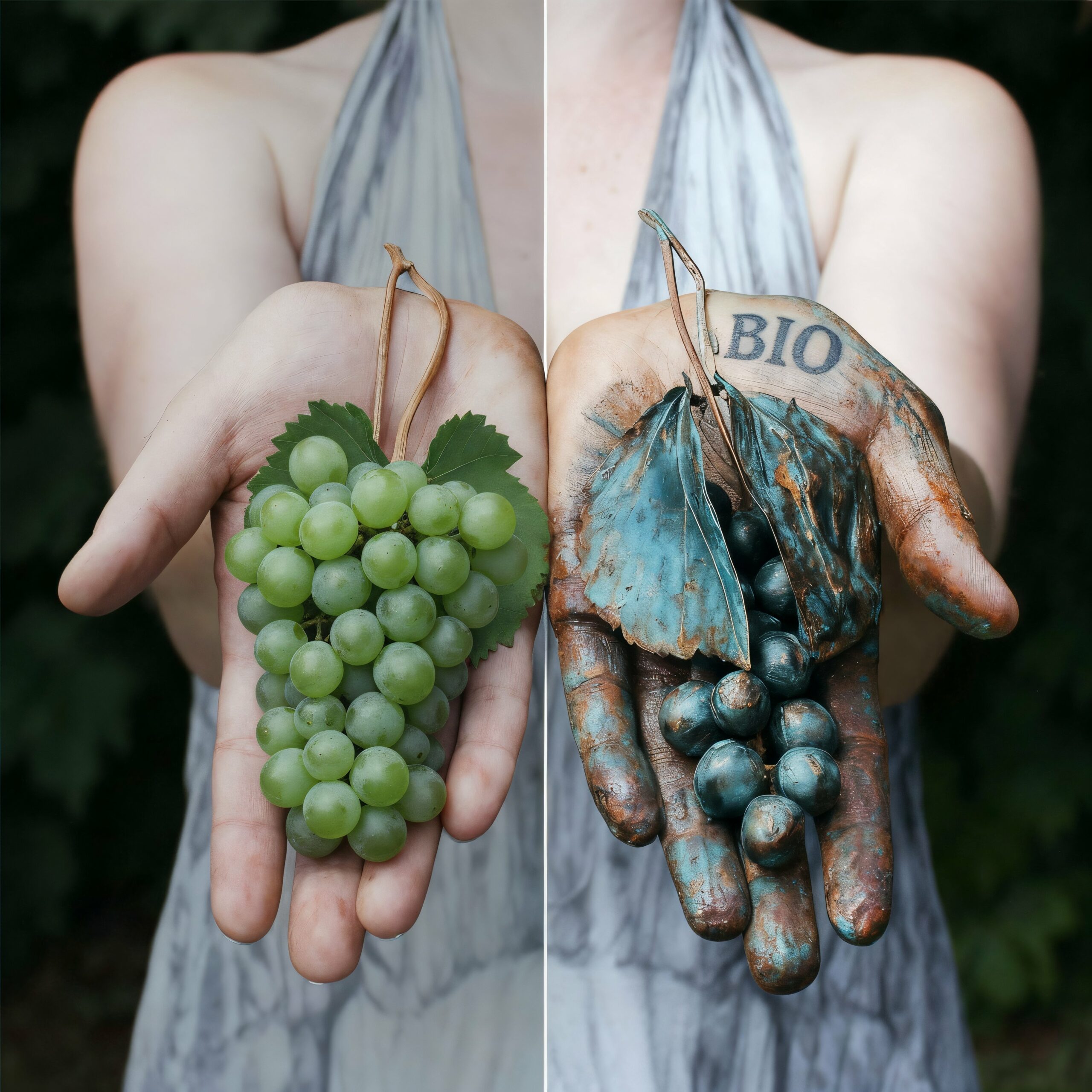 Comparaison entre une grappe de raisin vert tenue dans une main propre et du raisin noir dans une main terreuse marquée BIO.