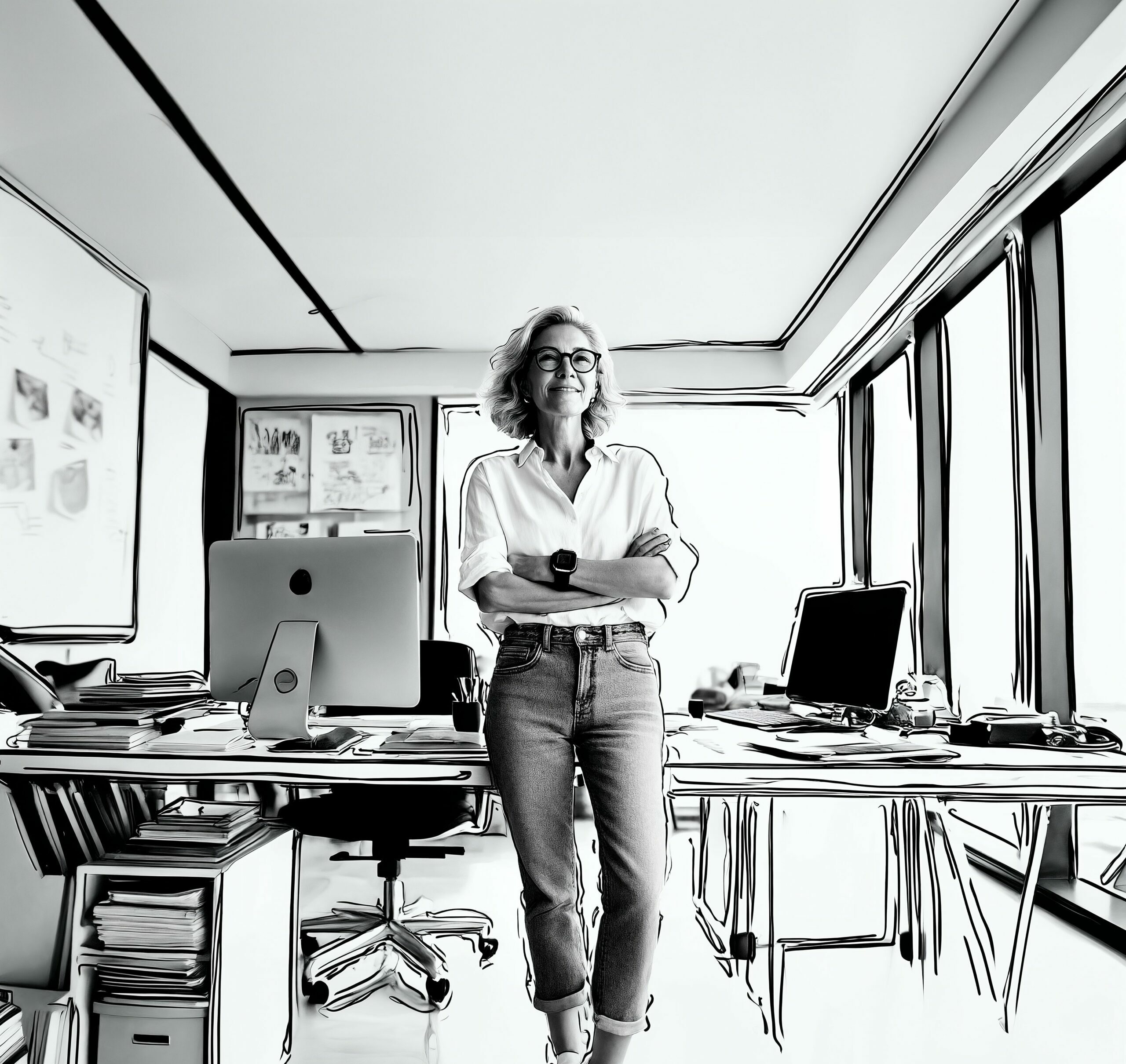 Portrait en noir et blanc d'une femme souriante aux bras croisés dans un bureau moderne.